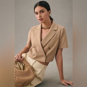 Anthropologie Maeve Beige Cropped Short-Sleeve Blazer Top